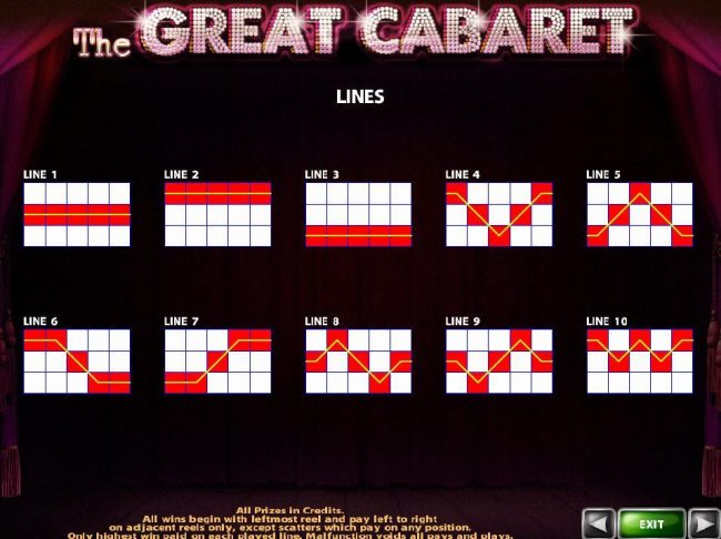 Payline Diagrams 1-10. All wins begin with the leftmost reel and pay left to right on adjacent reels only, except scatters which pay on any position.