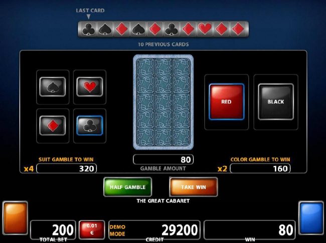 Double Up gamble feature is available after every winning spin. Select the correct color or suit for a chance to double your winnings.