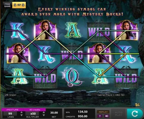 A 1082.50 super jackpot win triggered by multiple winning paylines.