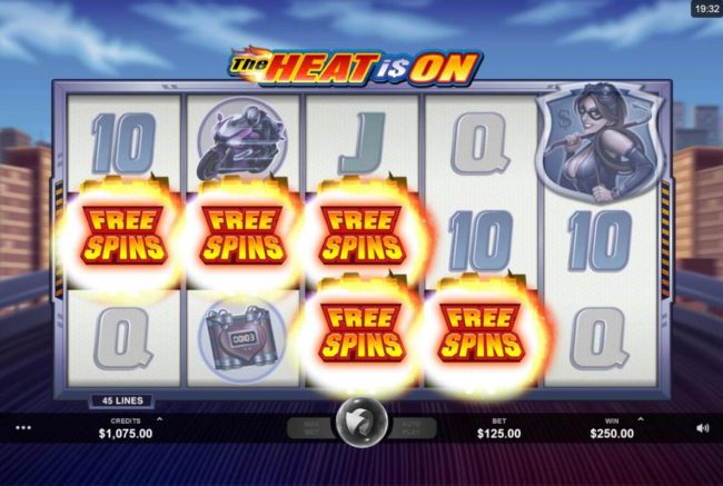 Five scatter symbols landing on adjacent reels starting with the leftmost reel triggers the Free spins feature.