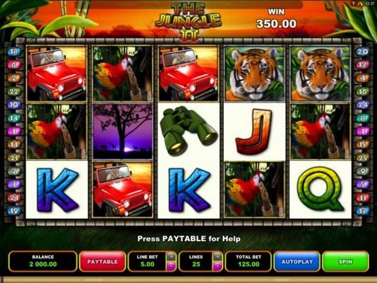 An African safari adventure themed main game board featuring five reels and 25 paylines with a $50,000 max payout.