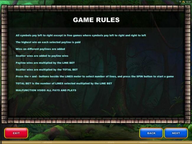 General Game Rules - All symbols pay left to right except in free games where symbols pay left to right and right to left.