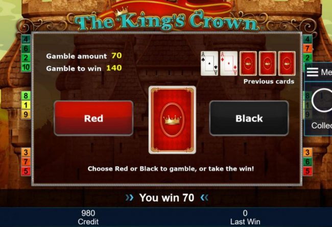 Gamble Feature - To gamble any win press Gamble then select color or a suit.