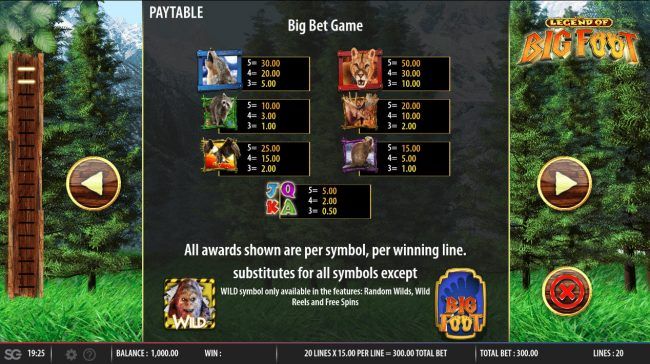 Big Bet Game Paytable