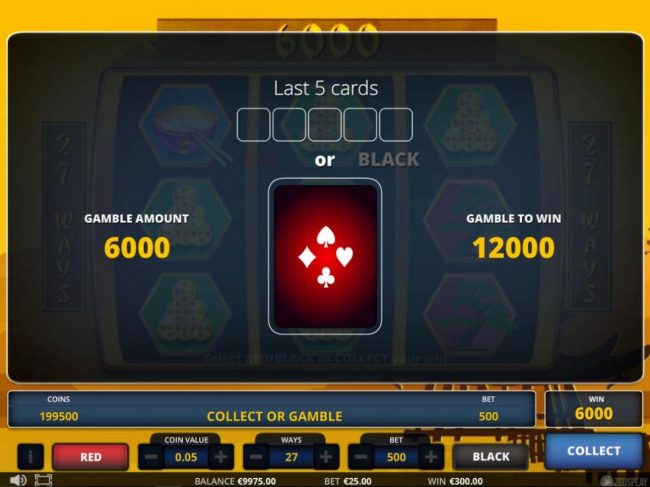 Gamble Feature - To gamble any win press Gamble then select Red or Black.