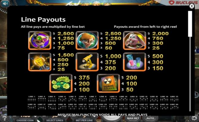 Slot game symbols paytable and Payline Diagrams 1-30.