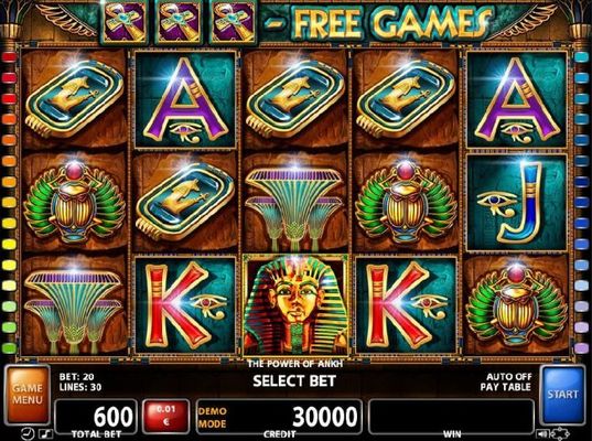 An Egyptian themed main game board featuring five reels and 30 paylines with a $180,000 max payout