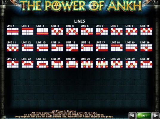 Payline Diagrams 1-30. All wins begin with the leftmost reel and pay left to right on adjacent reels only, except scatters which pay on any position.