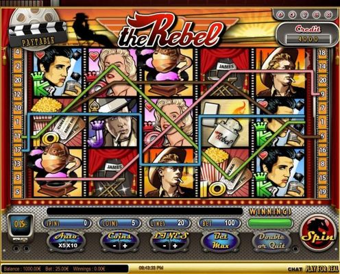 A James Dean themed main game board featuring five reels and 20 paylines with a $125,000 max payout
