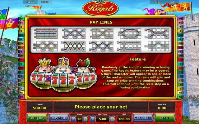 Payline Diagrams 1-20. Feature - Randomly at the end of a winning or losing game, The Royals feature may be triggered. A royal character will appear in one or more of the reel windows. The reels will spin and stop on prize-winning combinations.