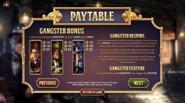 Gangster Bonus - If two of the same gangster land fully in view, then a respin is awarded!
