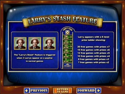 Larrys Stash Feature is triggered when 3 Larrys appear on a payline in normal games.