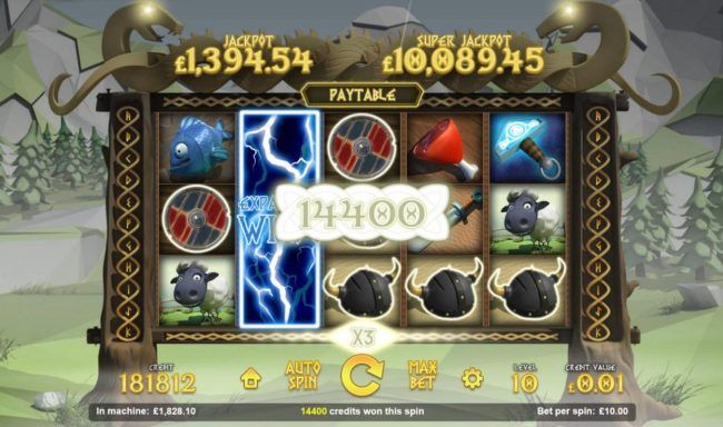 A stacked wild symbol triggers multiple winning paylines leading to a 14,400 coin super big win!