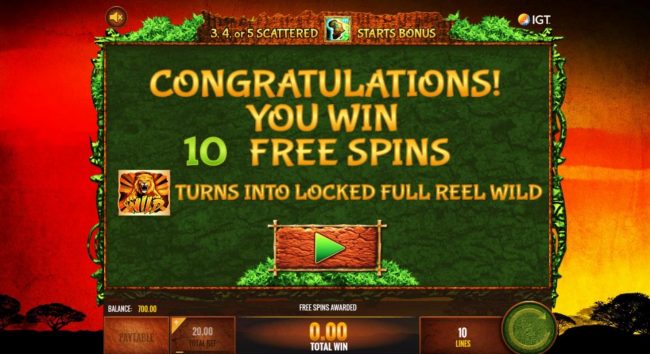 Ten free spins awarded with wild symbol turning into locked full reel wild.