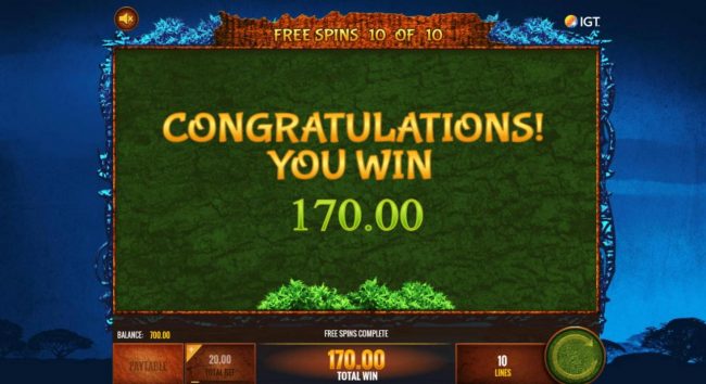 Total free games payout 170.00.