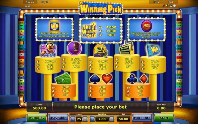 Slot game symbols paytable featuring game show inspired icons.