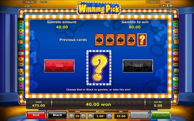 Gamble Feature - To gamble any win press Gamble then select Red or Black.