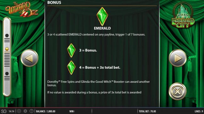 Emerald is the games scatter symbol - 3 or 4 scattered emerald centered on any payline, trigger 1 of 7 bonuses