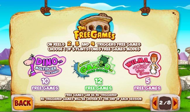 Free Games symbol on reels 2, 3 and 4 triggers free games - Choose 1 of 3 Flintsones Free Games Modes. Dino Multiplier, The Great Gazoo and Wilma Wild Free Spins.