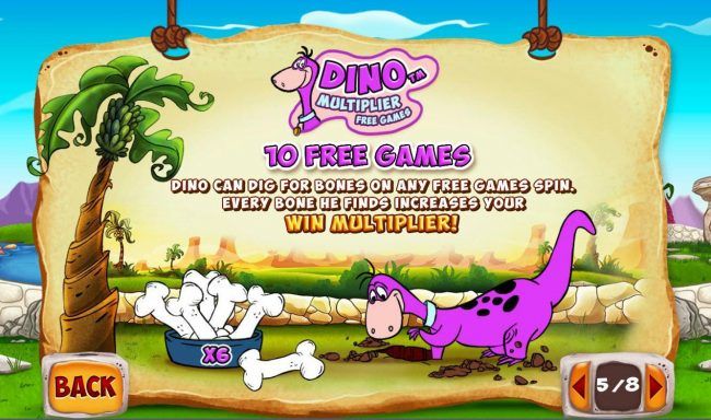Dino Multiplier Free Games - 10 Free Games - Dino can dig for bones on any free games spin. Every bone he finds increases your win multiplier.