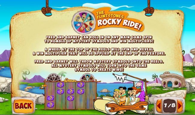 The Flintsones Rocky Ride - Fred and Barney can roll in on any main game spin to rumble up mystery symbols and win multipliers!