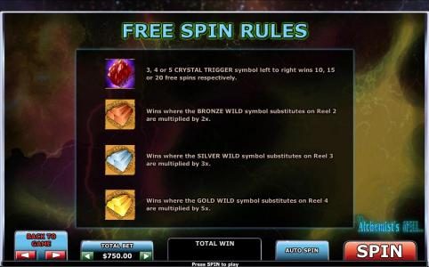 Free Spin Rules - 3, 4 or 5 crystals trigger symbol left to right wins 10, 15 or 20 free games respectively.