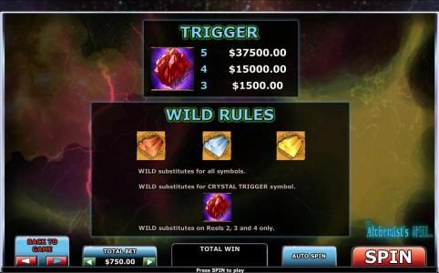 Crystal trigger paytable and wild rules.