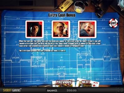 Extra Cash Bonus - when the tech guy, the clever guy and the inside guy appear in this exact order on reels 2, 3 and 4 you will receive extra cash that the guys throw at you.