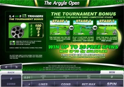 The Tournament Bonus, complete the holes in three competitive stages - Win up to 20 Free Spins with up to 5x multiplier