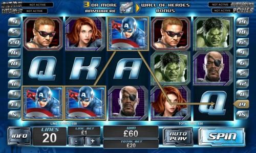 three Captain America symbols triggers a 60 coin jackpot