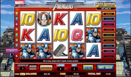 four captain avenger symbols triggers 80 coin jackpot