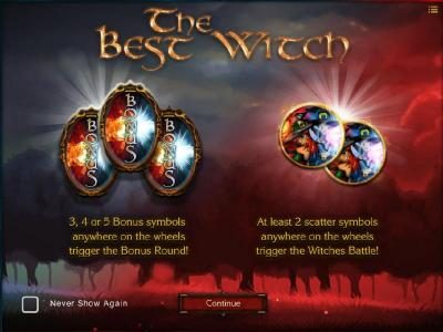 3, 4 or 5 bonus symbols anywhere on the wheels trigger the bonus round. At least 2 scatter symbols anywhere on the wheels trigger the Witches battle.