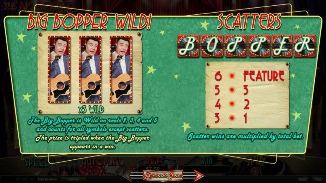 The Big Bopper is wild on reels 2, 3, 4 and 5 and counts for all symbols except scatters. The prize is tripled when the Big Popper appears in a win.
