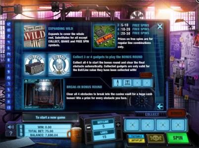 Expanding wild, Free Spins, Bonus round and Break-In-Bonus Round rules.