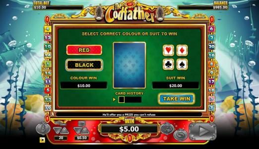 gamble feature game board - select correct color or suit to win