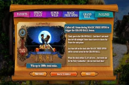 callect all 3 items during magic free spins to trigger the grand ball bonus