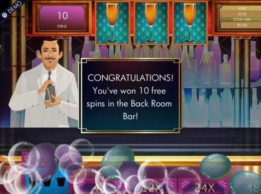 10 free spins are awarded in the Back Room Bar feature.