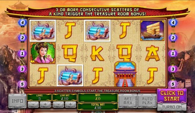 Tree or more comsecutive scatters of a kind trigger the Treasure Room Bonus.