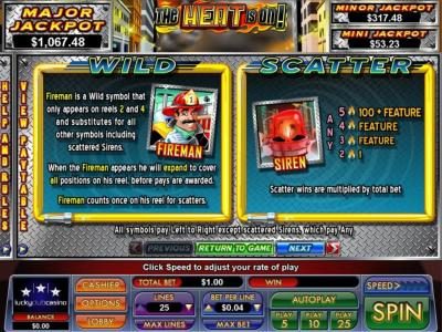 Firemen WILD and Siren SCATTER game rules - paytable