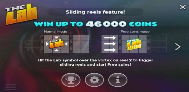 Sliding reels feature - hit the lab symbol over the vortex on reel 2 to trigger sliding reels and start free spins!