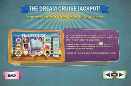 The Dream Cruise Jackpot - Tickets for the draw are won whenever the ticket symbols appears anywhere on reel 6 during the main game. The number of tickets won each time is random.