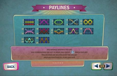 Payline Diagrams 1-25. Only highest win pays per line. Win combinations pay left to right only except rose scatter symbol which pay any. Payline wins are multiplied by the line bet.