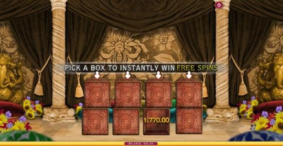 the first choice leads to a $1,770 prize award - pick a box to instantly win free spins