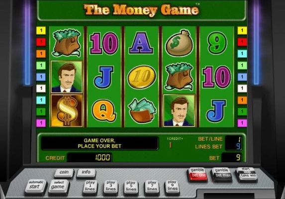 Main game board featuring five reels and 9 paylines with a $9,000 max payout