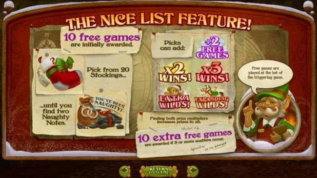 The Nice List feature consists of 10 free games initially. Pick from 20 stockings until you find two Naughty Notes.