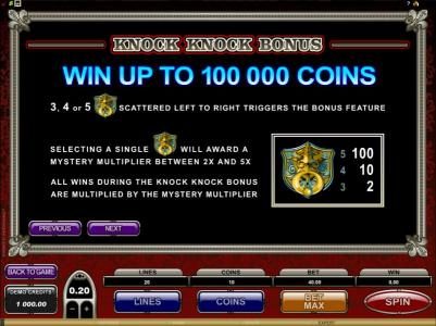 knock knock bonus, win up to 100000 coins