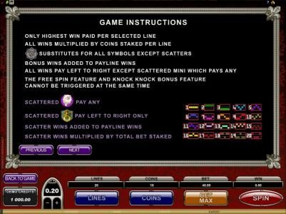 game instructions and payline diagrams