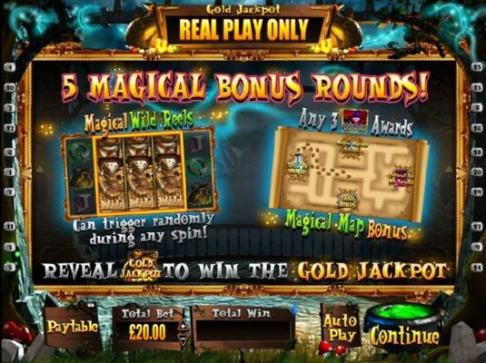featuring 5 Magical Bonus Rounds. Magical Wild Reels can trigger randomly during any spin! Any 3 Pig Wizard Bonus symbols awards the Magical Map Bonus. Reveal Gold Jackpot to win the Gold Jackpot!
