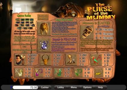 game rules, slot symbols paytable, payline diagrams and feature rules