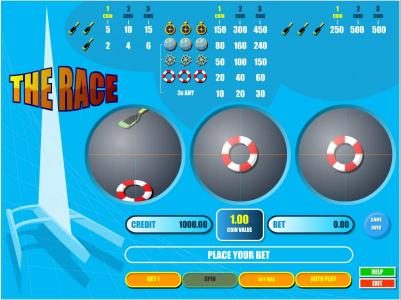 main game board featuring three reels and a single payline. win up to 500 coins when you play max bet